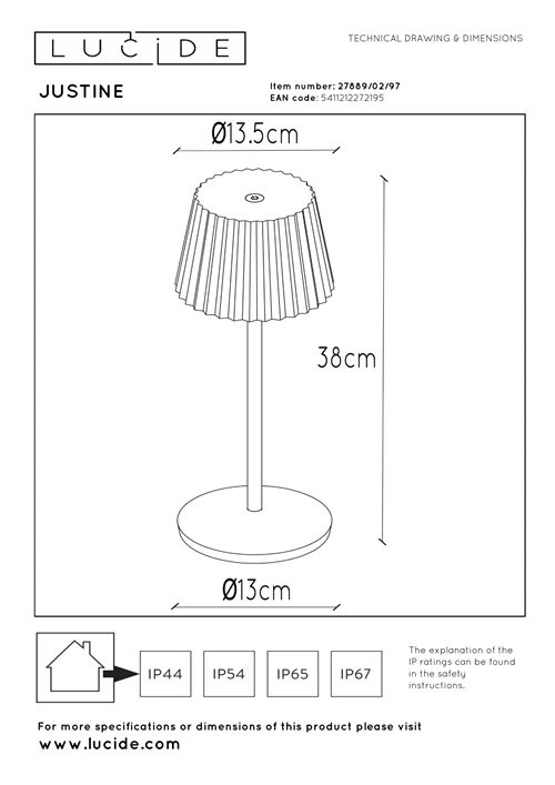 Lucide JUSTINE - Lampe de table Rechargeable Intérieur/Extérieur - Batterie/Piles - LED Dim. - 1x2W 2700K - IP54 - Avec station de charge sans fil - Rouille - technique